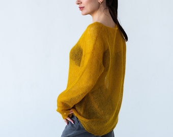 Yellow see through mohair light summer sweater, Mesh sweater, Minimalistic thin knit boat neck sweater