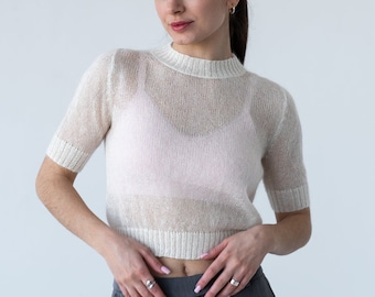 Light mohair knit T-shirt top, White Knit summer see through crop sweater for women