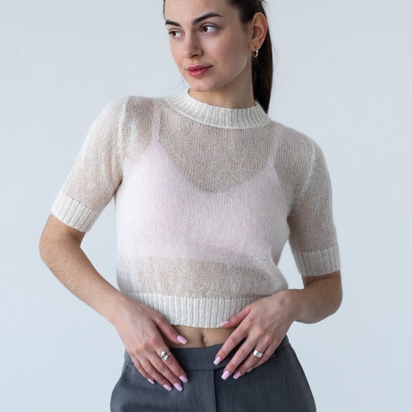 Light mohair knit T-shirt top, White Knit summer see through crop sweater for women