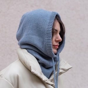 Denim blue merino wool knitted hood, Warm women wool hood helmet, Winter cowl hood, Neck Warmer