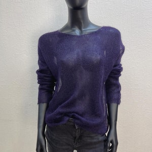Violet mohair light sweater, Mesh sweater, Minimalistic thin knit boat neck sweater