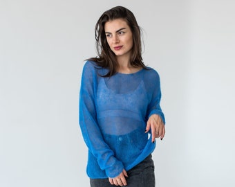 Suéter de mohair suave de malla azul para mujeres, Jersey de punto brillante y esponjoso y ligero