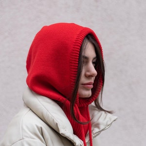 Bright red merino wool knitted hood, Warm women wool hood helmet, Winter cowl hood, Neck Warmer