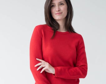 Red Merino Wool Crewneck Longsleeve Jumper: Women's Pullover Knit Sweater