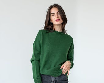 Green merino wool sweater for women, Stylish casual loose knit crew neck sweater