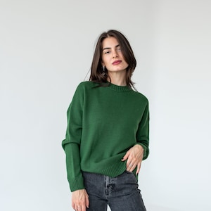 Green merino wool sweater for women, Stylish casual loose knit crew neck sweater image 1