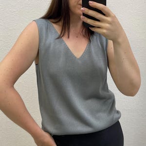 Steel Gray Silk Knit Tank Top: Minimalist Sleeveless V-Neck Blouse