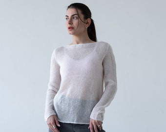 White silk mohair knitted sweater, Bridal thin knit boat neck sweater, Minimalistic fuzzy loose knit sweater