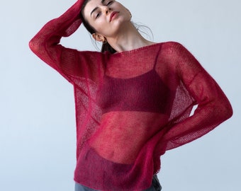 Dusty coral red mohair light sweater, Mesh sweater, Minimalistic thin knit boat neck sweater