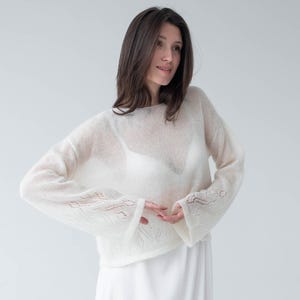 White mohair cropped bridal sweater, Minimalistic thin wide sleeves fuzzy sweater, See through aesthetic lace loose fit sweater for women