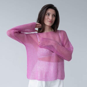 Pink light mohair sweater, Sheer Boat Neck Minimalist Pullover, Bright pink mohair sexy sweater, Mesh sweater for women