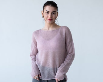 Powder pink beige see through mohair sweater, Minimalistic thin knit boat neck fuzzy sweater