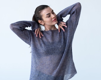 Purple Mohair Knit Sweater: Lightweight Fuzzy Boat Neck Pullover