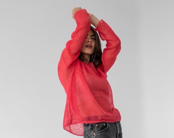 Pink mesh soft mohair sweater for women, Bright coral fluffy light knitted jumper