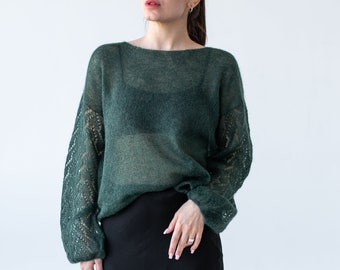 Green mohair light sweater, Mesh sweater with lace sleeves, Minimalistic thin knit boat neck loose fit sweater