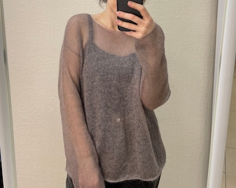 Gray Lilac Mohair Sweater: Minimalist Knit Boat Neck Pullover