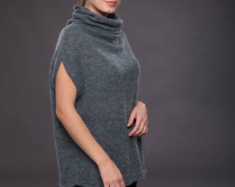 Knit wool sleeveless clothes Casual women alpaca poncho Blue warm sweater Women short vest Soft turtleneck elegant vest top Gift for mom