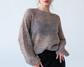 Natural beige mohair light sweater, Mesh sweater with lace sleeves, Minimalistic thin knit boat neck loose fit sweater