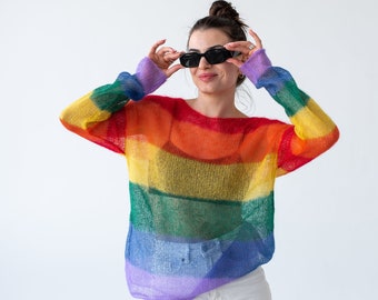 Pull de fierté LGBTQ arc-en-ciel, pull coloré en tricot de mohair rayé, pull léger et lumineux pour femme