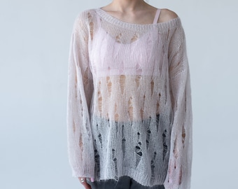 ♡*様 正規品 Sheer loose knit tops Distressed Silk Mohair Sweater: Loose Knit See Through Pullover - Etsy