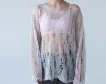 Light distressed silk mohair sweater, loose knit summer off shoulder see through sweater for women