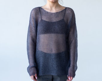 Purple gray mohair light sweater, Mesh sweater, Minimalistic thin knit boat neck sweater