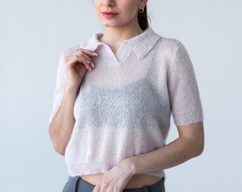 Light silk mohair knit polo shirt top, Knit summer see through crop sweater for women