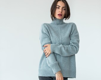 Gray blue pure wool sweater for women, Minimalist soft and cozy turtleneck women's sweater, Chunky knit wool  sweater