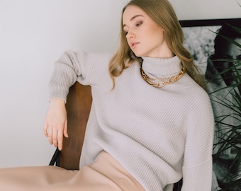 Oversized turtleneck sweater for women, Wool ribbed relaxed sweater with a slouchy silhouette