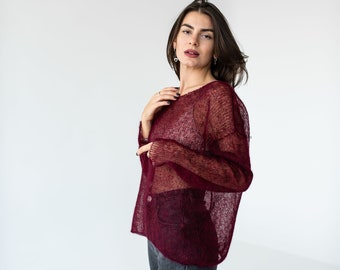 Burgundy mohair light sweater, Mesh sweater, Minimalistic thin knit boat neck sweater