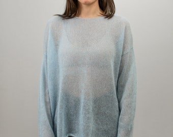 Blue silk mohair light spring sweater, Minimalistic thin knit boat neck fuzzy sweater