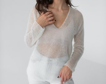 White Mohair Bridal Sweater: Fuzzy V-Neck Oversized Knit