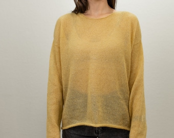 Mustard yellow silk mohair light spring sweater, Minimalistic thin knit boat neck fuzzy sweater