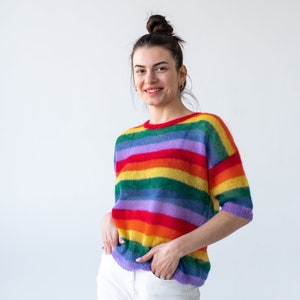 Rainbow LGBTQ pride sweater, Striped mohair knit colorful T-shirt, Bright lightweight short sleeved sweater blous for women