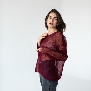 Burgundy mohair light sweater, Mesh sweater, Minimalistic thin knit boat neck sweater