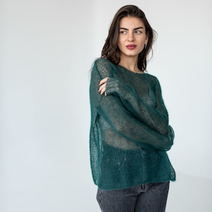 Green mohair light sweater, Mesh sweater, Minimalistic thin knit boat neck sweater