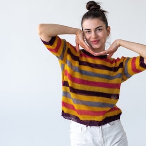 Striped Mohair Knit T-Shirt: Lightweight Colorful Sweater image 1
