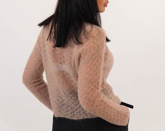 Beige cropped mohair knitted sweater for women, Thin mohair sexy sweater, Fuzzy sweater
