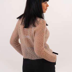 Beige cropped mohair knitted sweater for women, Thin mohair sexy sweater, Fuzzy sweater