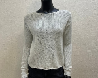 White chunky mesh mohair sweater, Minimalistic knit fuzzy sweater, transparent see through sweater