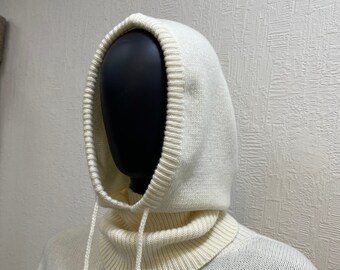 White merino wool knitted hood, Warm women wool hood helmet, Winter cowl hood, Neck Warmer