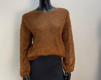 Copper ginger brown mohair light sweater, Mesh sweater with lace sleeves, Minimalistic thin knit boat neck loose fit sweater