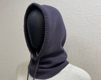 Merino wool knitted hood, Warm women wool hood helmet, Winter cowl hood, Neck Warmer