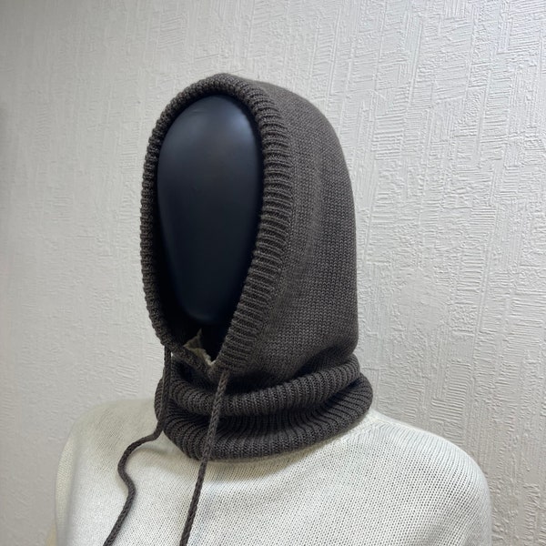 Merino wool knitted hood, Warm women wool hood helmet, Winter cowl hood, Neck Warmer