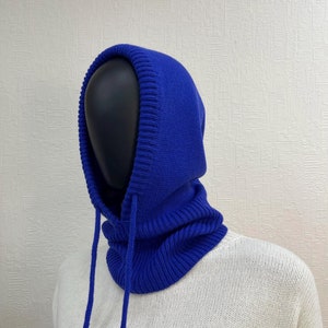 Cobalt Blue Merino Wool Knit Hood: Women&#39;s Balaclava Neck Warmer