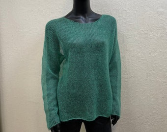 Suéter ligero de mohair verde jade, suéter de malla, suéter de cuello barco de punto fino minimalista