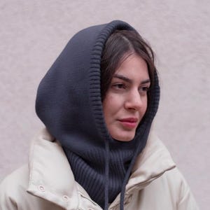 Gray Blue Merino Wool Hood: Warm Winter Cowl Neck Warmer