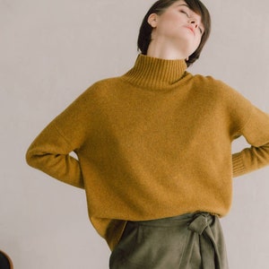 Mustard  pure wool sweater for women, Minimalist khaki soft and cozy turtleneck women's sweater