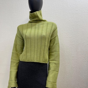 May include: A lime green ribbed knit turtleneck sweater with long sleeves. The sweater is paired with a dark gray pencil skirt. The outfit is displayed on a mannequin with a black head.