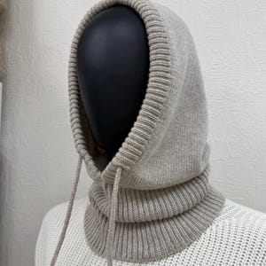 Capucha de lana merino tejida, gorro de lana cálido para mujer, capucha de invierno, calentador de cuello 24 Sand beige